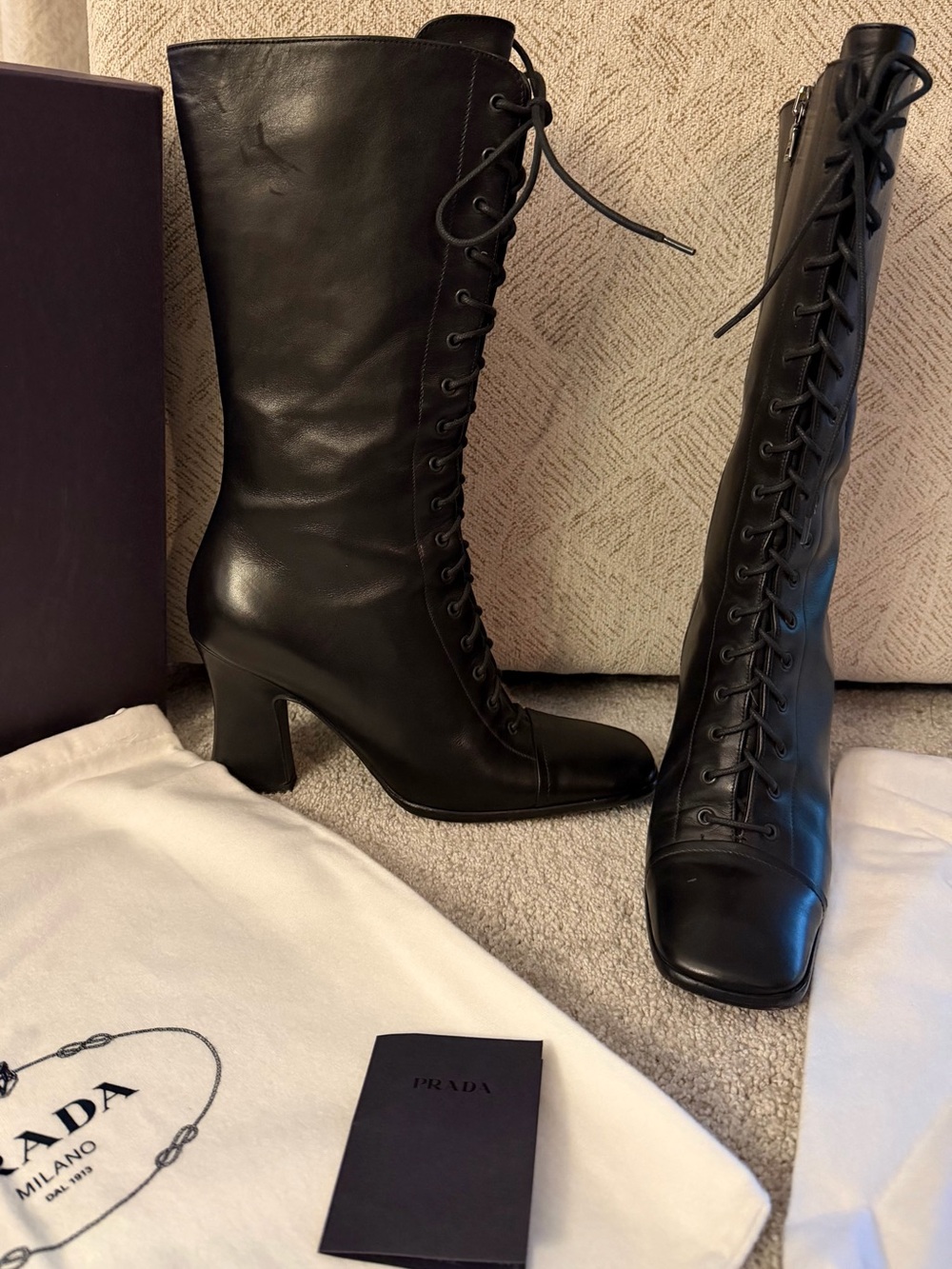RARE Vintage Y2K Prada Black Leather Lace-Up Mid-Calf Boots Runway ‘01 AWO1 36.5